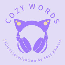 cozy words logo logo of cozy words, a localization agency focusing on cozy and casual games. The logo has a light lilac background with a gamer headset in the middle in darker purple with some circle details in yellow. There is text that says "COZY WORDS" and "Ethical loc